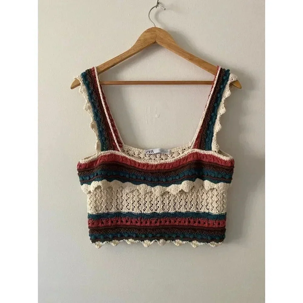 Zara Top Women’s Small Knit Multicolor Crochet Ruffle Crop